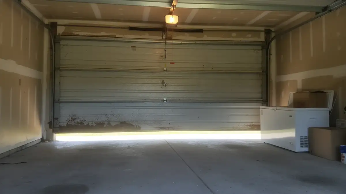The garage door is partially open, revealing a concrete floor and a white chest freezer.