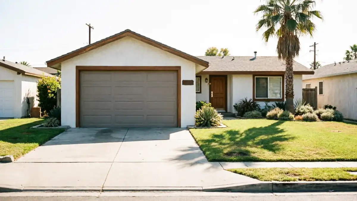 A single-story house with a brown garage door and a palm tree in the yard.