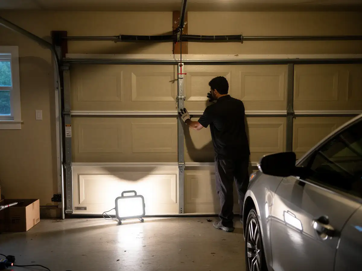A technician in gloves works on a beige garage door with a work light on the floor.