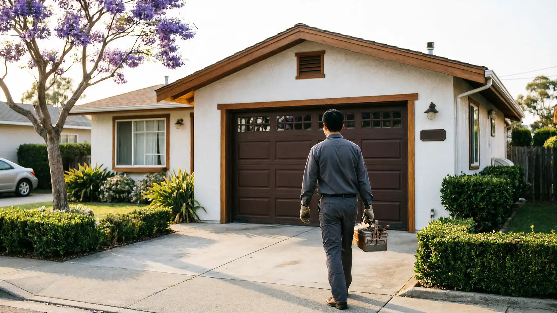 A technician carrying a toolbox walks toward a house with a brown garage door.