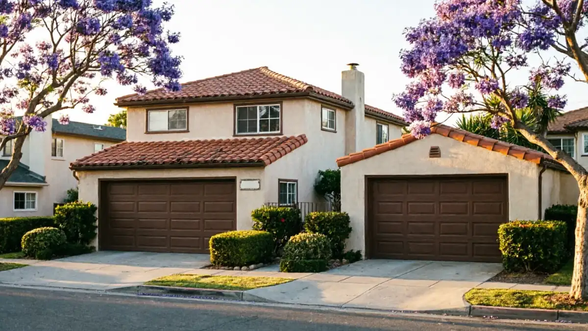 A house with two brown garage doors and a separate single garage is visible from the street.
