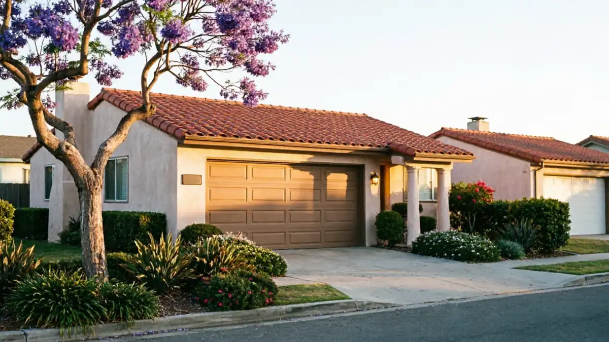 A brown garage door is on a stucco house with a red tile roof.