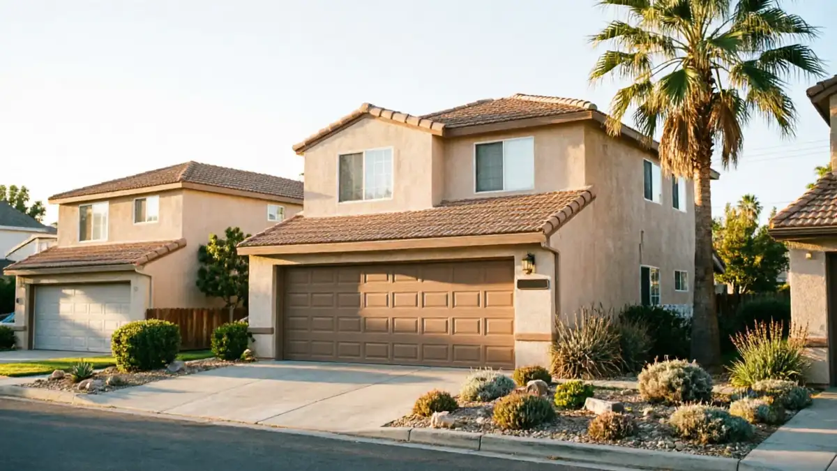 The house has a brown garage door and a palm tree in the front yard.