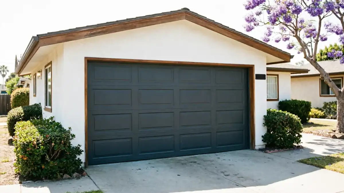 The house has a dark gray garage door and white stucco walls.