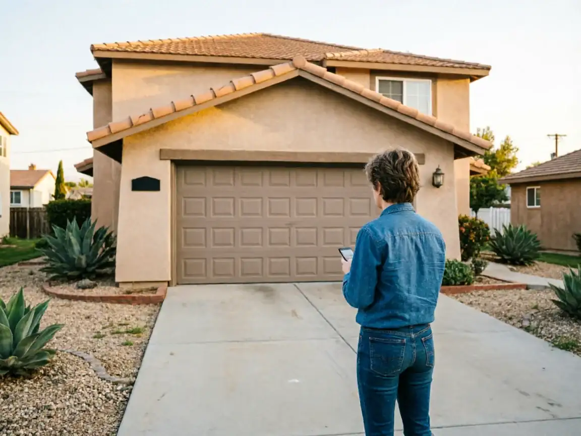 A person in a denim shirt stands in a driveway, looking at a phone.