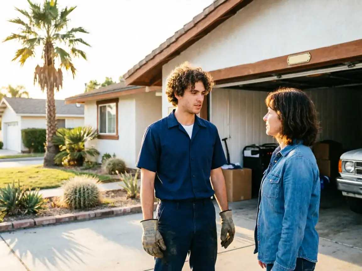 A technician in work clothes talks to a woman in front of a house with an open garage.