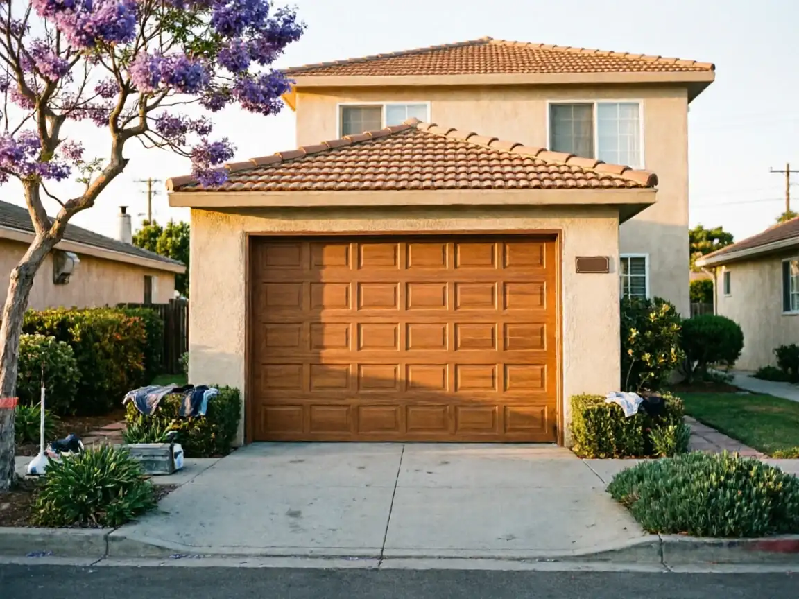 A brown paneled garage door on a house with a purple flowering tree.