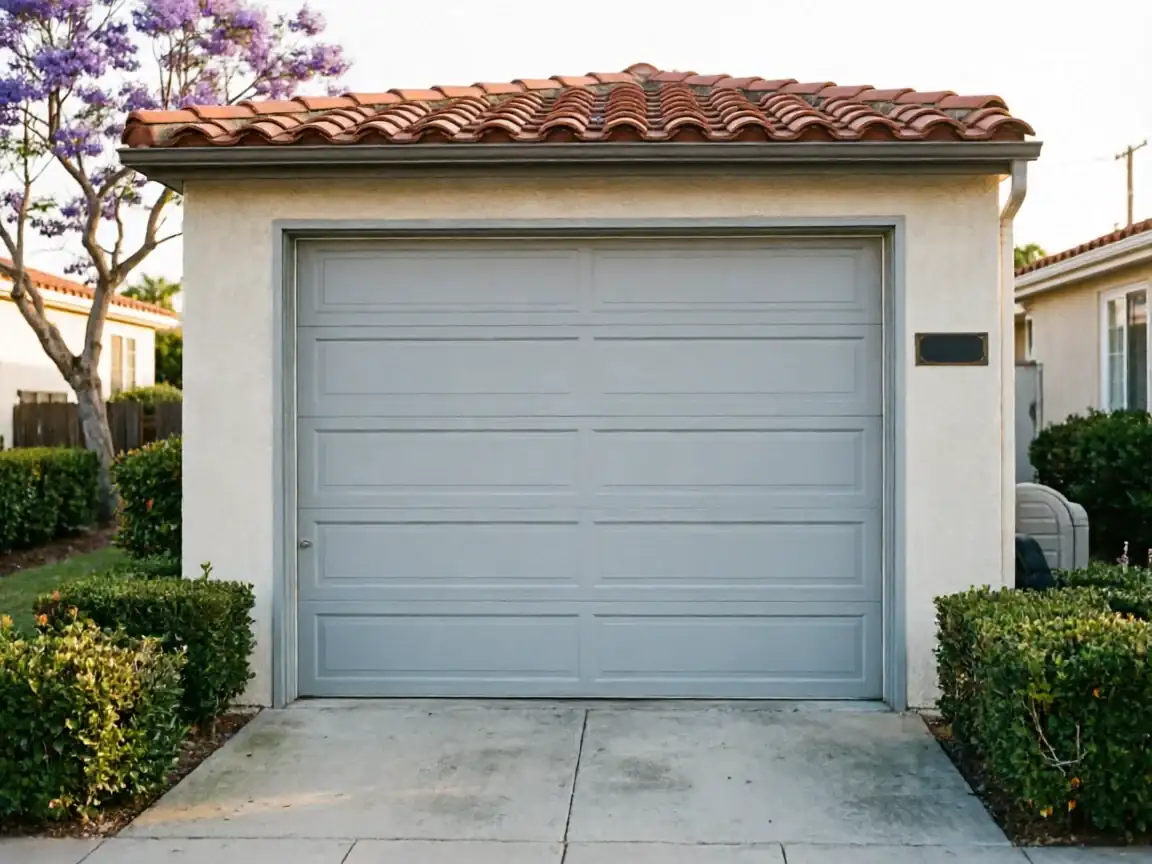 The garage door is light gray with four panels on a stucco garage.