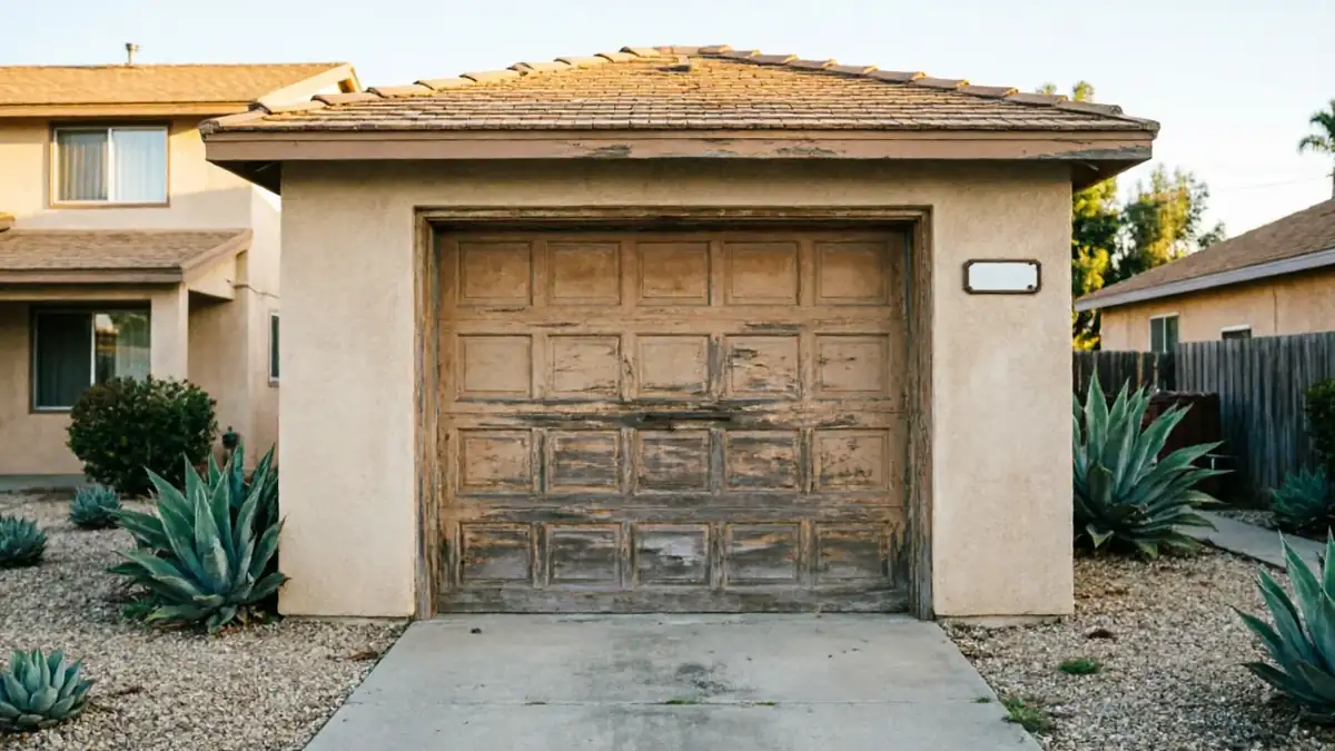A weathered wooden garage door with peeling paint on a stucco garage.