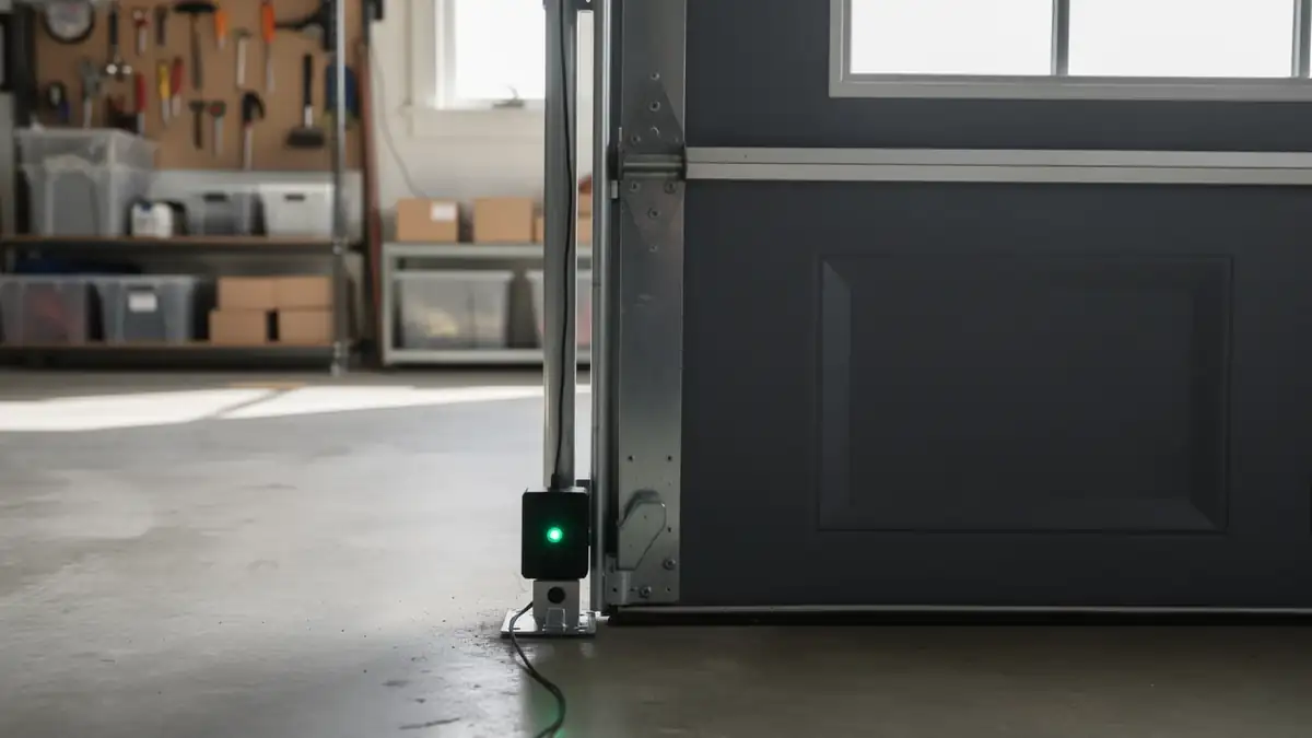 A green light glows on a garage door safety sensor near the floor.