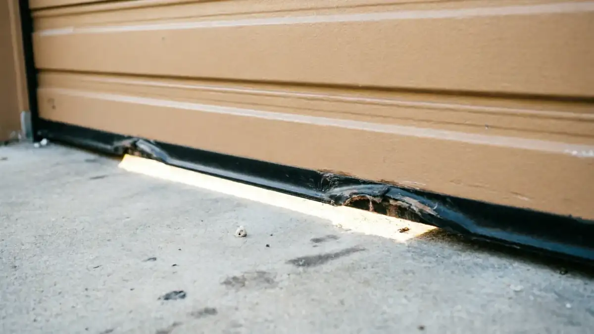 The bottom of a tan garage door has a damaged weather seal and a gap.