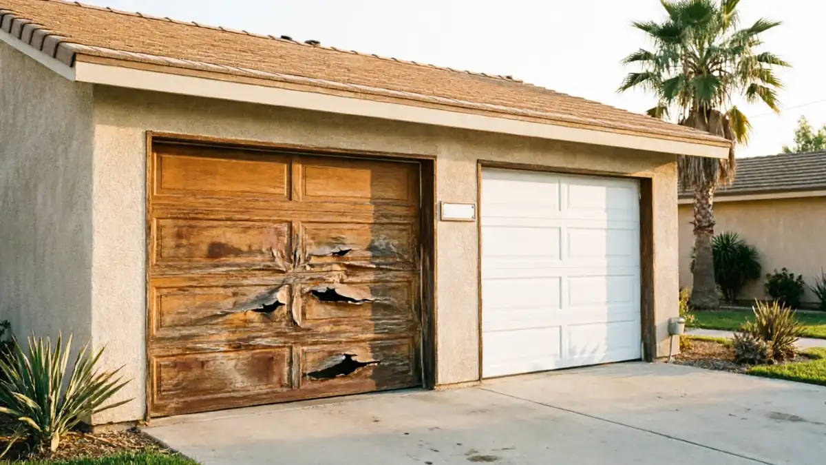 A damaged brown garage door is next to a white garage door on a house.