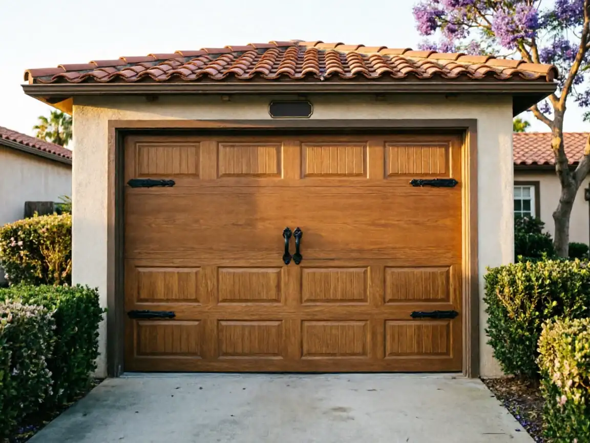 The brown garage door has decorative black hinges and handles, with a tiled roof above.